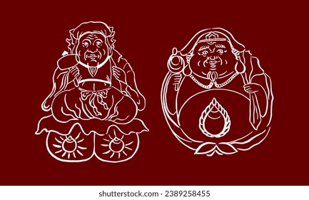 Two vector drawings of the Japanese god of wealth. Daikoku. Daikokuten. Hand drawing, calligraphy, sketch, brush, doodle. White on red. Holidays, well-being wishes, card, invitation, happiness. Eps10