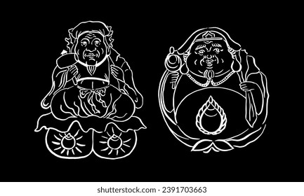 Two vector drawings of the Japanese god of wealth. Daikoku. Daikokuten. Brush drawing, calligraphy, sketch. White on black. Holidays, well-being wishes, postcard. Eps10