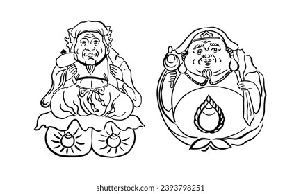 Two vector drawings of the Japanese god of wealth. Daikoku. Daikokuten. Brush drawing, doodle, calligraphy, sketch. Black on white. Congratulations, holidays, wishes for well-being, postcard. Eps10