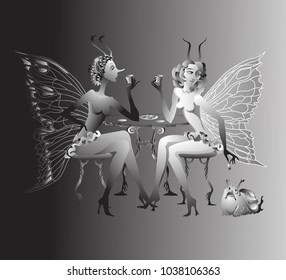 Two vector fairytale butterflies fantasy girls sitting at a table in a café on a dark gray background.  Monochrome drawing, book cover, print for T-shirt, poster, invitation card, menu decoration
