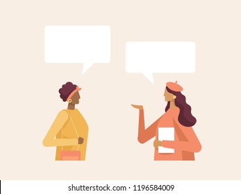 Two vector female character chatting with speech bubbles. Communication and conversations between people, business conversation. Design template for your banner or poster. Place for your text