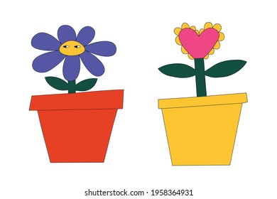 two vector flowers in pots - chamomile with eyes and heart shape.Hippie vintage style.Psychedelic 60s and 70s.Childish naive handwritten style.Isolated sticker of home flowers.Tattoo template