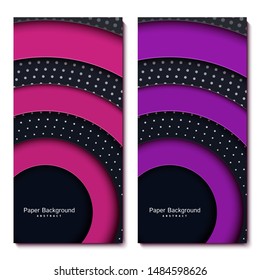 Two vector flyers whith papercut black, pink and violet part of circle shape and silver dots background. Brochure with dark grey round form paper and shadow. Vertical cards for advertising banner