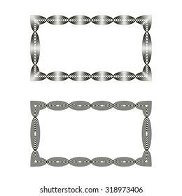 Two vector frames with circular patterns and striped hearts in black and white.