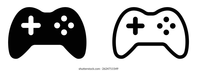 Two vector game controllers, one solid black and one outlined. Minimal design for gaming, esports, and tech themes. Isolated on white background. Game, icons.