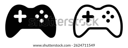 Two vector game controllers, one solid black and one outlined. Minimal design for gaming, esports, and tech themes. Isolated on white background. Game, icons.