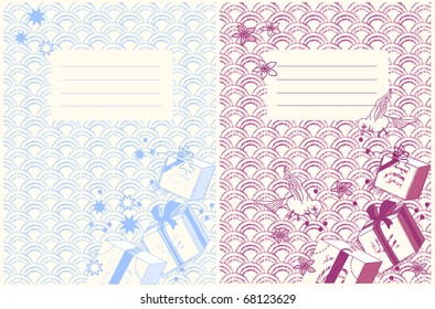 two vector gift cards  with gift boxes, stars and birds