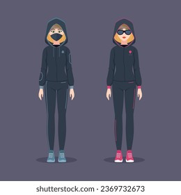 Dos vectoriales con trajes deportivos oscuros. Hacker y el paquete de la dama de seguridad. Caracteres para juegos, afiches, infografía, publicidad o web.