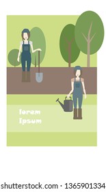 two vector girls with garden tools in green colors with text