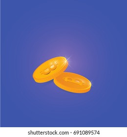 Two vector gold coins with bitcoin signs.