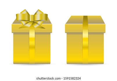 Two vector golden shine boxes for presents decoraned with bow and ribbon. Realistic illustration. Concept for happy new year.