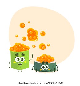 Two vector green character of sushi with red caviar. Place for text. Isolated on white background.