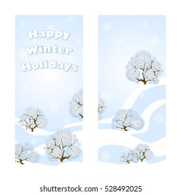 Two vector greeting banner for the winter holidays. Beautiful forest landscape. Delicate blue background, drifts of snow, lacy snow-covered trees and greeting inscription. Cartoon style.