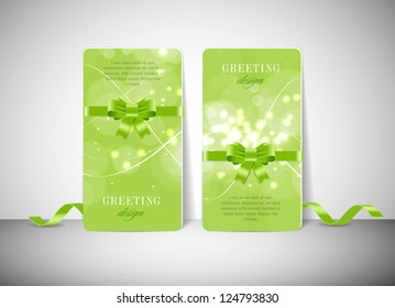 Two vector greeting cards with modern colorful green glowing background and silky ribbon bow knots