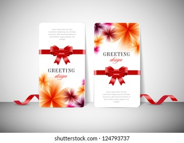 Two vector greeting cards with stylish flower background and silky ribbon bow knots