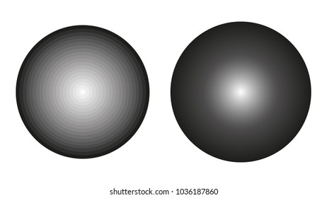 Two vector greyscale circles with a gradient from black to white. Continuous circle with a smooth gradient and circle with step discontinuous gradient.