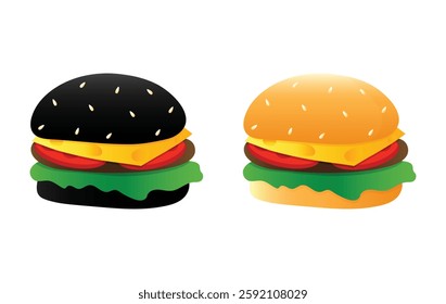 Two vector hamburgers. Black and white Burger with cheese, tomatoes, chop, lettuce. Fast food or junkfood meal. Illustration for menu design isolated on white background.