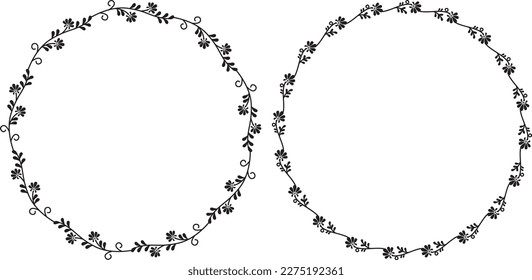 Two vector hand drawn floral frames. Round black wreath of branches with flowers. Illustration in doodle style isolated on white background