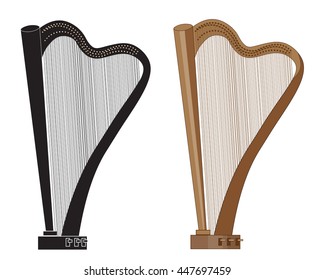 two vector harps in animated style, brown and black