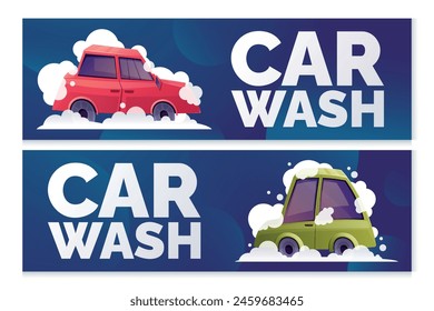 Two vector horizontal advertising banners for Car Wash. Illustration of a cartoon passenger car with washing foam and soap bubbles.