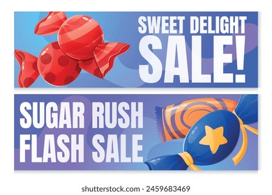 Two vector horizontal advertising banners, Sale templates. Sweet Delight and Sugar Rush, a cartoon illustration of candy in a colorful wrapper.