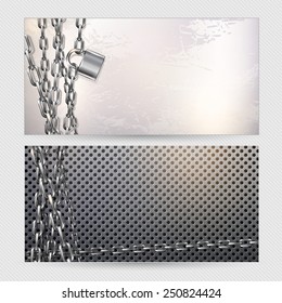 Two vector horizontal banners - metal chain and padlock on a gray metal background