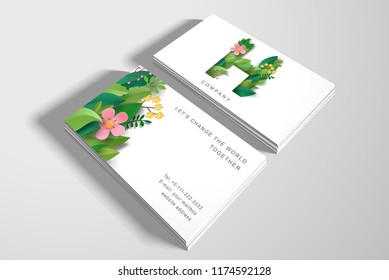Two vector horizontal business cards. Letter H of leaves and flowers and floral ornament. Paper cut art