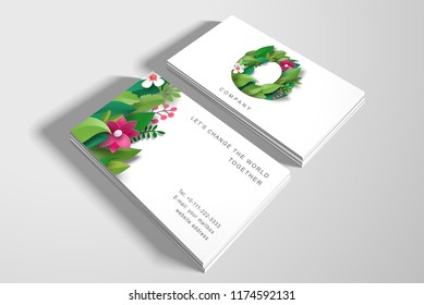 Two vector horizontal business cards. Letter O of leaves and flowers and floral ornament. Paper cut art