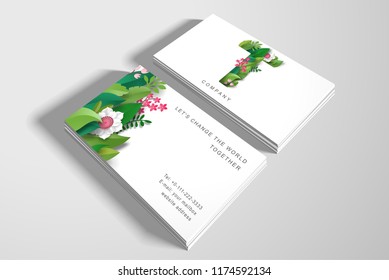 Two vector horizontal business cards. Letter E of leaves and flowers and floral ornament. Paper cut art