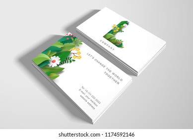 Two vector horizontal business cards. Letter L of leaves and flowers and floral ornament. Paper cut art