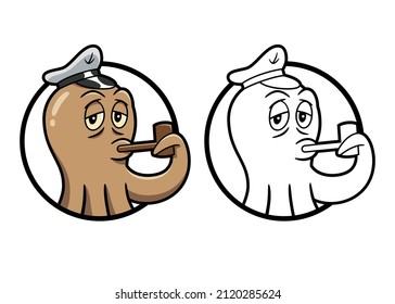 Two vector icon, in color and white and black versions, of a nice octopus in cartoon style, with a sailor cap on his head and smoking a pipe, to use like logo or graphic element.
