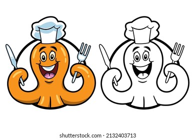 Two vector icon, in color and white and black versions, of a smiling octopus with a chef's hat, holding a knife and fork with its tentacles, to use like logo or graphic element.