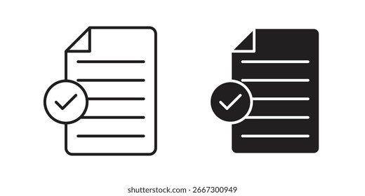 Dos iconos vectoriales que representan una lista de verificación con una marca de verificación, uno en estilo de línea y uno sólido, aislado en blanco.