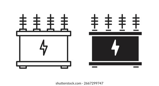 Zwei Vektorsymbole, die einen elektrischen Transformator darstellen, eines im Linienstil und eines im Volltonstil, einzeln auf Weiß.