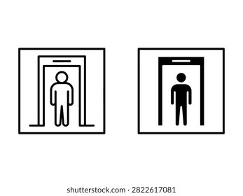 Two vector icons depicting a person entering an elevator one outlined and one solid. Useful for accessibility and building navigation concepts.