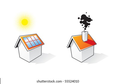 Two vector icons of house with solar panels on the roof and black smoke from chimney. Ecology housing showing two different house types.