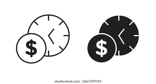 Dois ícones vetoriais que ilustram o conceito de tempo e dinheiro. Um é um estilo de arte de linha, o outro é preenchido.