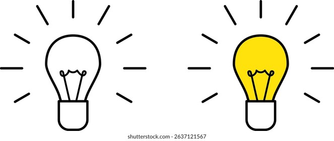 Two vector icons of light bulbs – one outlined and one filled with yellow color. Represents ideas, innovation, and creativity. Vector EPS 10