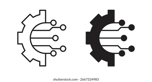 Zwei Vektorsymbole: ein Line-Art-Getriebe mit Platine und einer massiven schwarzen Version. Einzeln auf weiß.