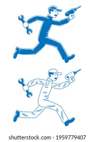 Two vector icons of a mechanic, running with tools in his hands, in blue color and outlined.