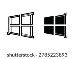 Two vector icons representing a window. One is an outline with perspective, the other is a solid fill with perspective. Both are divided into four panes.