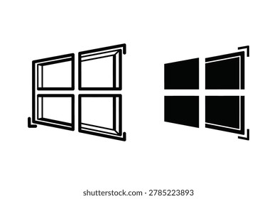 Two vector icons representing a window. One is an outline with perspective, the other is a solid fill with perspective. Both are divided into four panes.