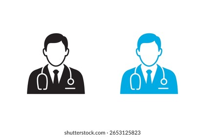 Two vector icons showcase a doctor in a lab coat and stethoscope, one in black and the other in light blue, placed side-by-side on a white background.