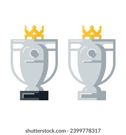 Two vector icons sport champion silver trophy with golden crown on white background.