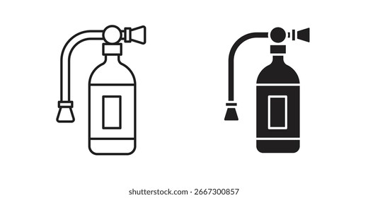 Dos iconos vectoriales de una botella de spray, uno en un estilo de línea y el otro en un estilo sólido, aislado en blanco.