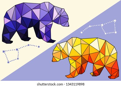 Two vector illustration animals. Polygon, lowpoly. Bear and Big Dipper constellation. Isolated objects. Violet and yellow colors. Great for card design, greeting card, logo, print, poster, room decor.