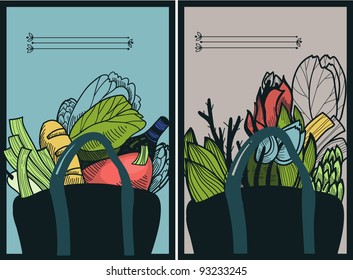 two vector illustration of  bags  with organic food and fresh plants for gardening