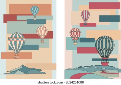 Two vector illustration with different soft shades hot air balloons and landscapes. Hand painted illustration for postcards, wrapping paper, textiles, fabric wallpaper for kids room, curtains, texture