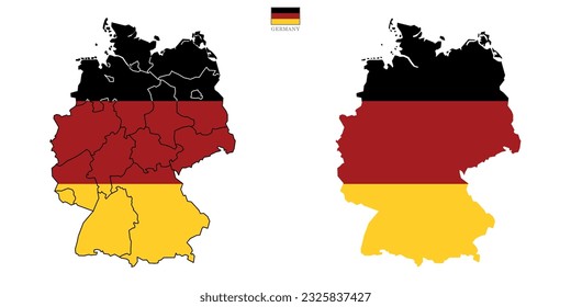 Zwei deutsche Landkarten-Hintergrund mit Zuständen. Deutschland Karte einzeln auf weißem Hintergrund mit Flagge. Vektorgrafik Europa