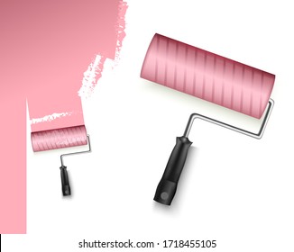 two vector illustration  with paint roller big and small and painted marking colored pink isolated on white background 